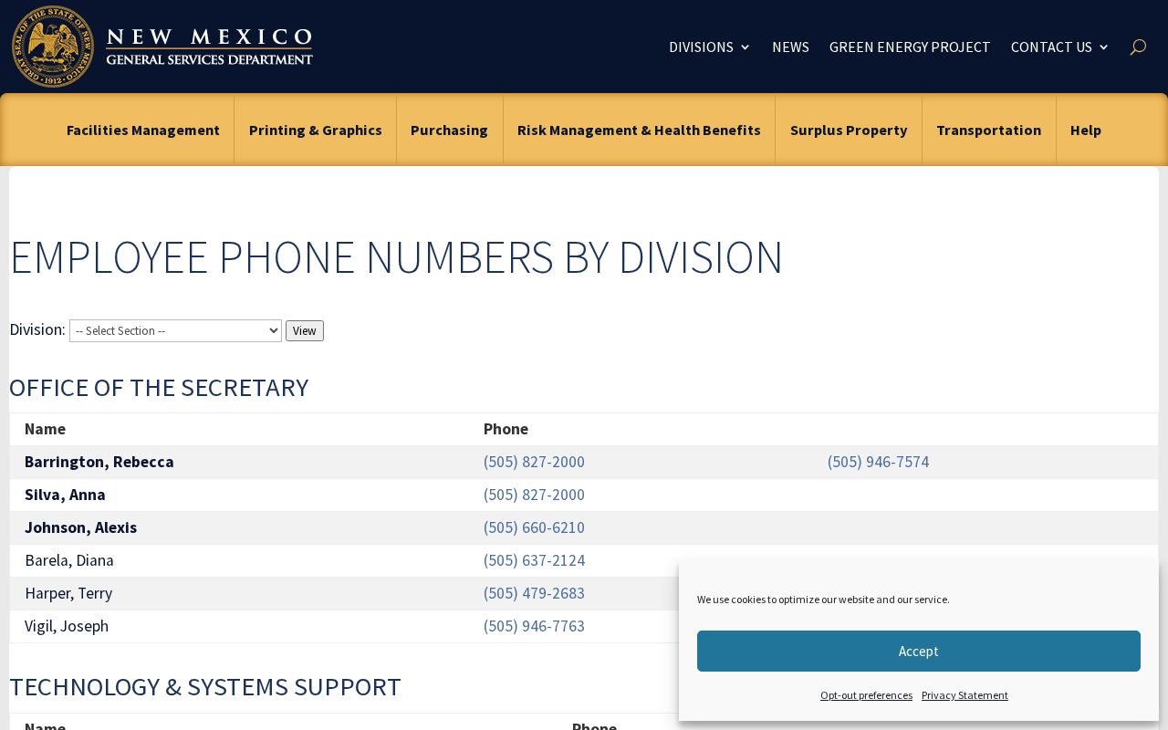 New Mexico phone directory of General Services Department employee numbers by division
