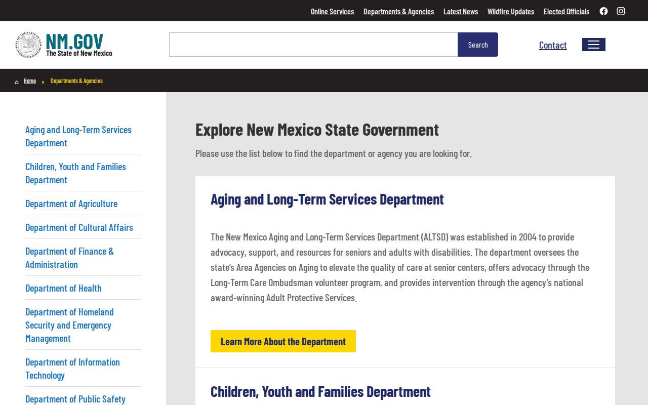 New Mexico phone directory listing of state departments and agencies