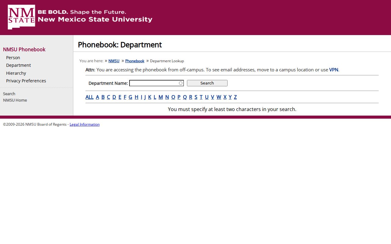 New Mexico phone directory department lookup on the NMSU phonebook