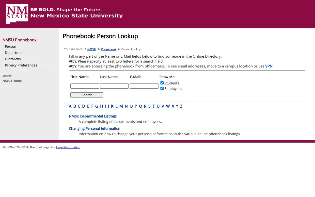 New Mexico phone directory person lookup form on the NMSU phonebook