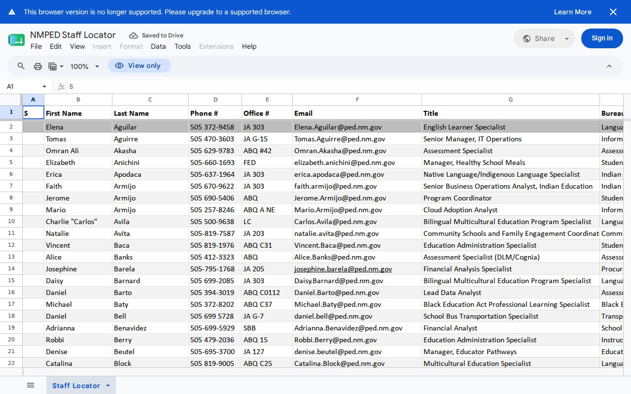 New Mexico phone directory spreadsheet of Public Education Department staff numbers