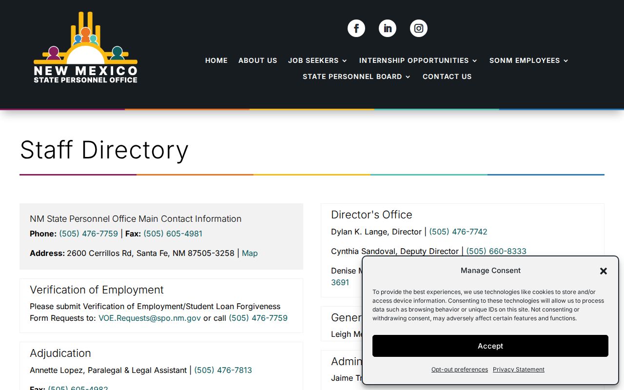 New Mexico phone directory view of the State Personnel Office staff listing