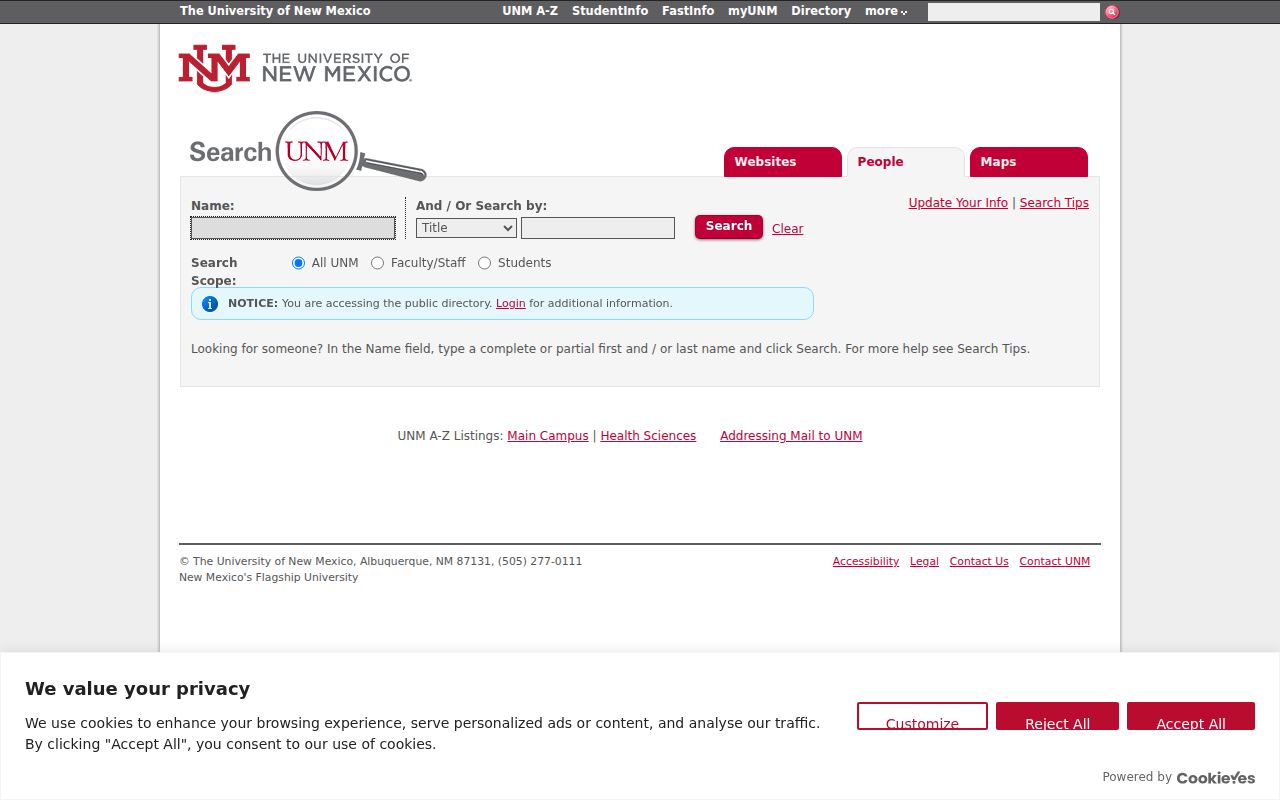 New Mexico phone directory search form on the UNM public people directory