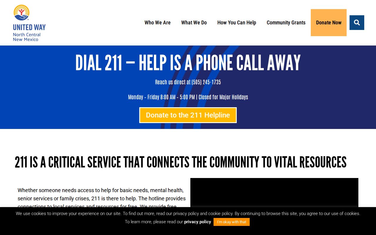 United Way of North Central New Mexico 211 helpline page listing New Mexico phone codes and referral numbers