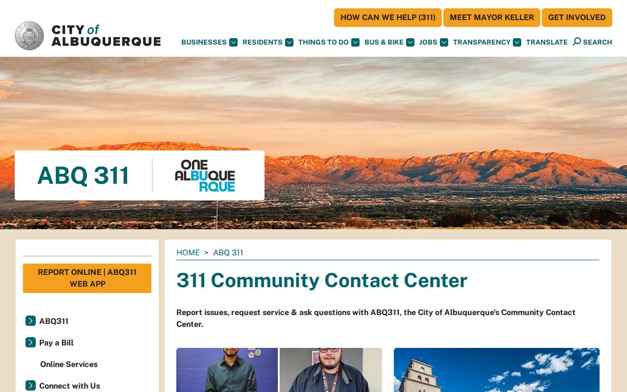 New Mexico phone numbers on the Albuquerque 311 city services page