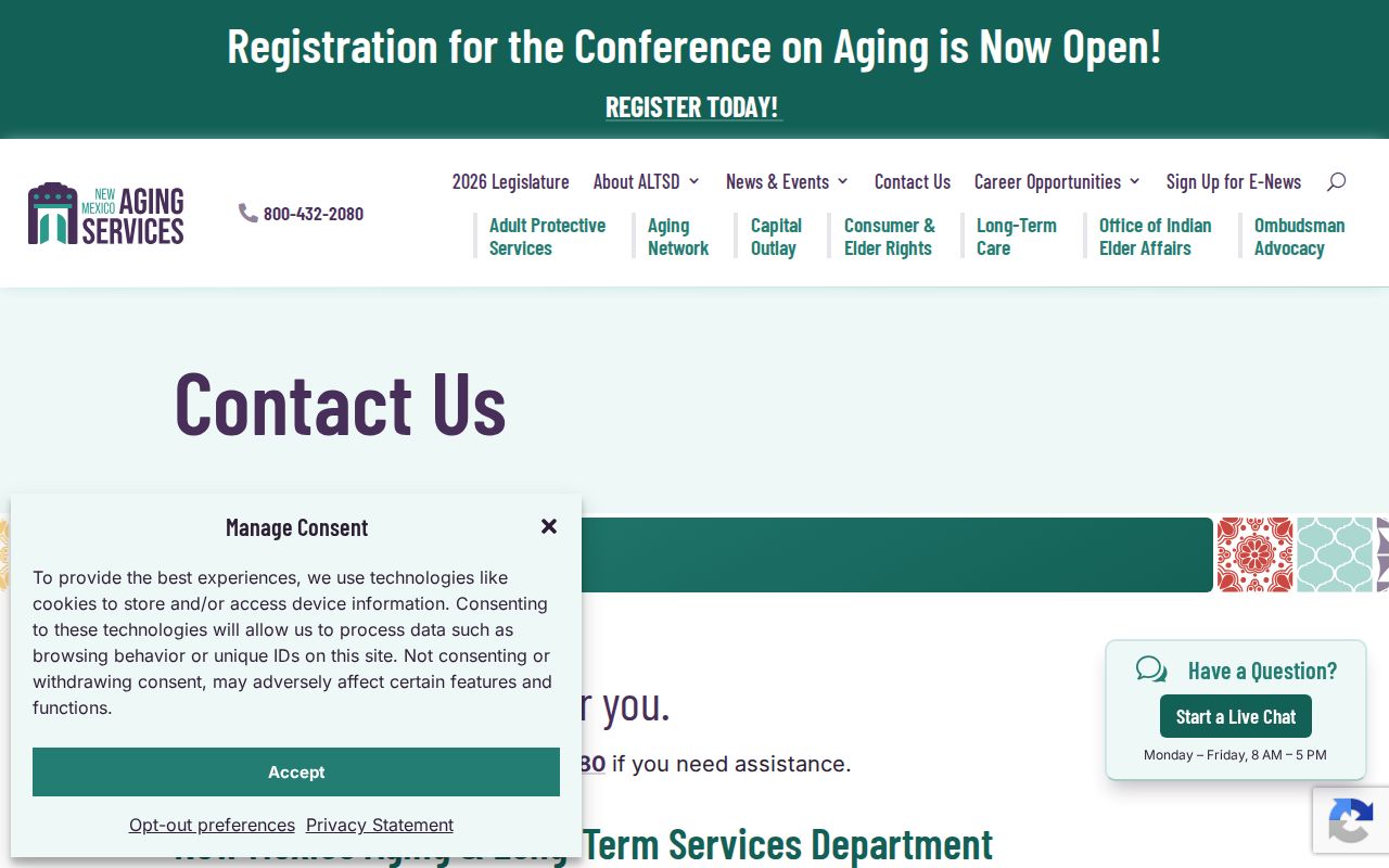 New Mexico phone numbers on the Aging and Disability Resource Center contact page