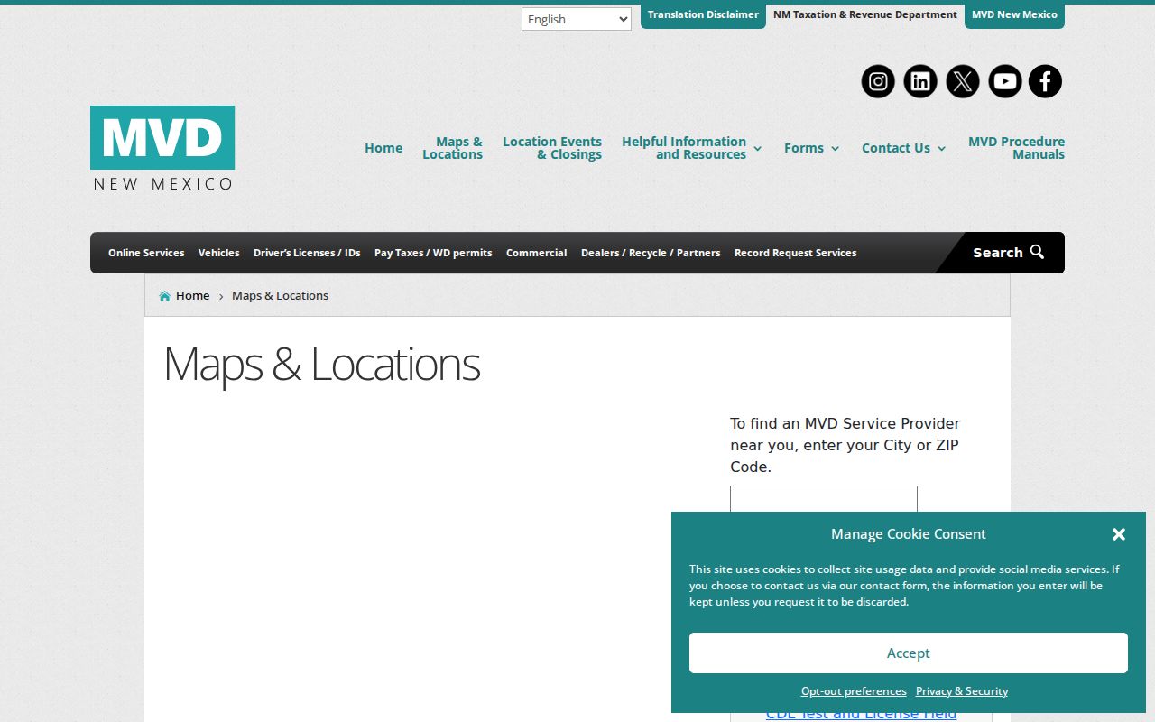 New Mexico phone numbers and office hours on the MVD maps and locations page