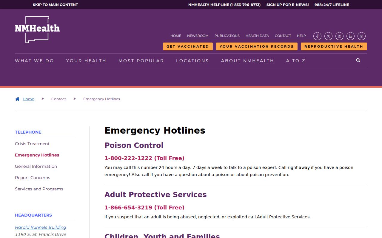 New Mexico phone numbers listed on the Department of Health emergency hotline page