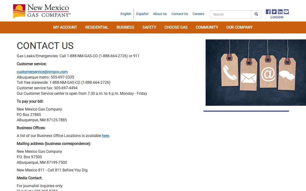New Mexico phone numbers for gas emergencies and customer service on the New Mexico Gas Company site